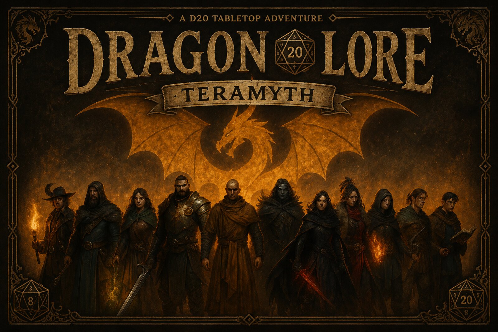 Dragon Lore: Teramyth — a line of heroes standing beneath the silhouette of a rising dragon