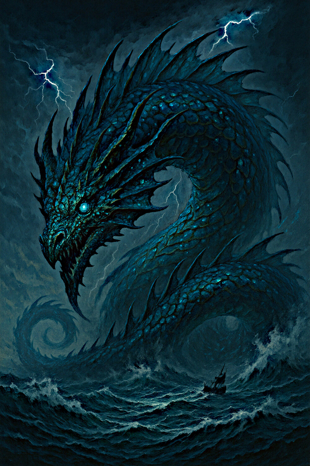 The Leviathan of Hydrion's Tides rising from a stormy sea