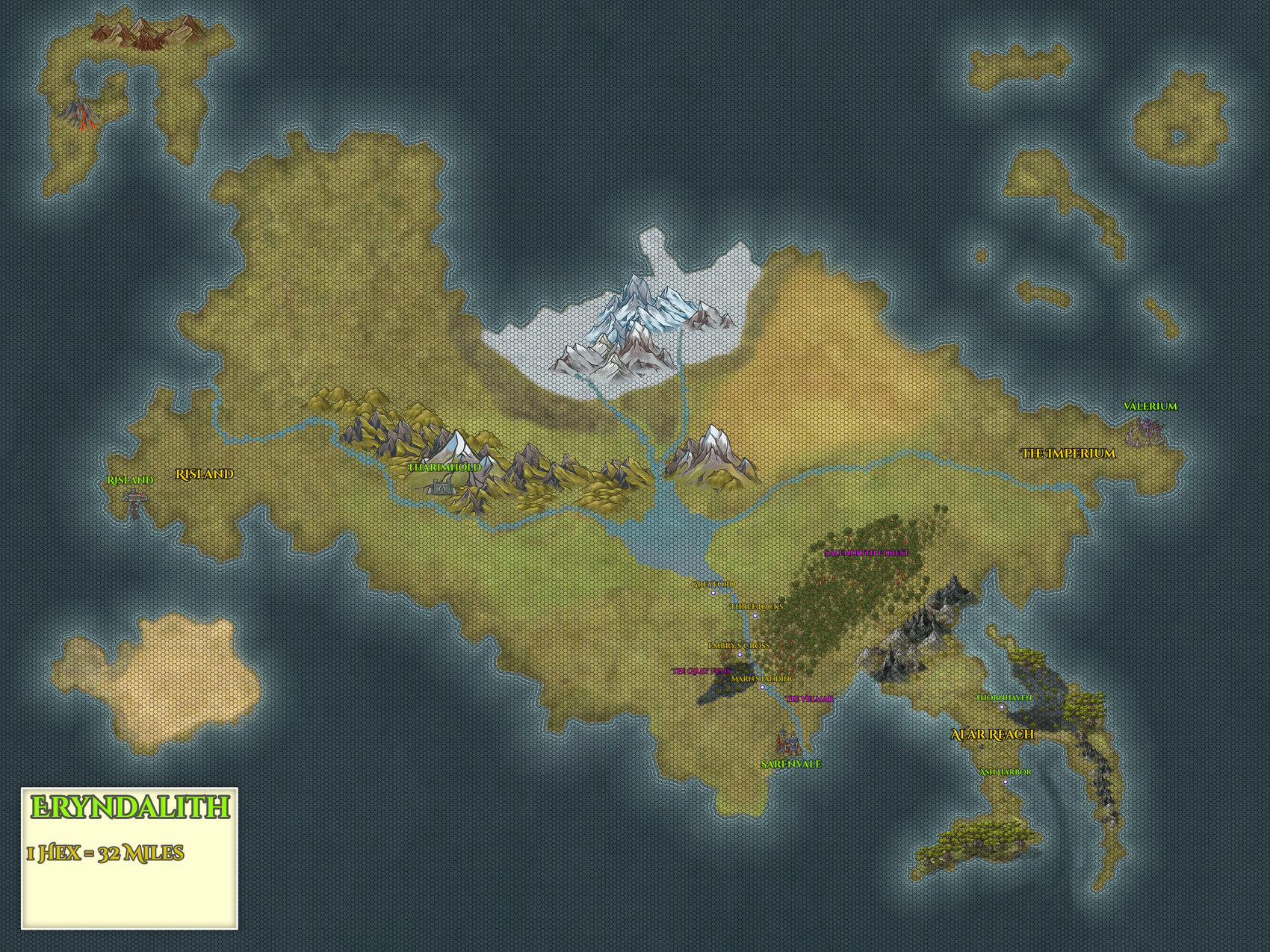 The hand-drawn world map of Eryndalith in the setting of Teramyth